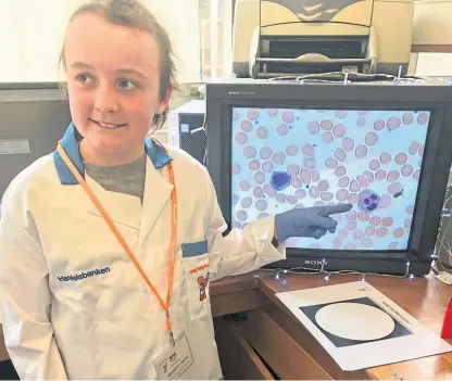  ??  ?? Arabella finds the learning fun as she examines blood cells at the Royal Hospital for Sick Children.