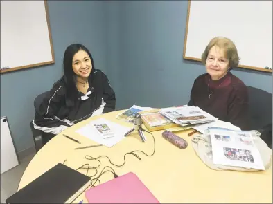  ?? Contribute­d photo / Stay at Home in Wilton ?? Nadia Voravolya, left, interviews Anne Goslee-Jovovic, who talked about her childhood in Wilton when kids “owned” Wilton Center.