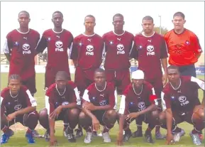  ??  ?? Save pair of hands... Denna (far right - standing) attired in the shining maroon & white strip of Civics FC. Standing from left: Danny Chilufya, Tugela Tuyeni (+d), Bradley Wermann, Jerry Matik, Donelly Nell, Denna Bruwer. Front row from left: Brian Gurirab, Patrick M’Kotwana, Victor Helu (+d), William Chilufya (capt) and Zedecias Haukambe.