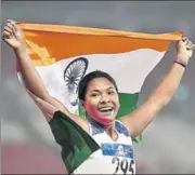  ??  ?? Swapna Barman created history by becoming the first Indian heptathlet­e to win an Asian Games gold. Competing with a plastered face owing to a teeth injury, described as a a case of infection, the battle-hardened Swapna topped the overall standings to garb her maiden Asiad gold.The daughter of a rickshaw puller who has been bedridden by stroke since 2013, Swapna logged 6026 points from the seven events competed over two days. She won the high jump (1003 points) and javelin throw (872 points) events and finished second-best in shot put (707 points) and long jump (865 points).