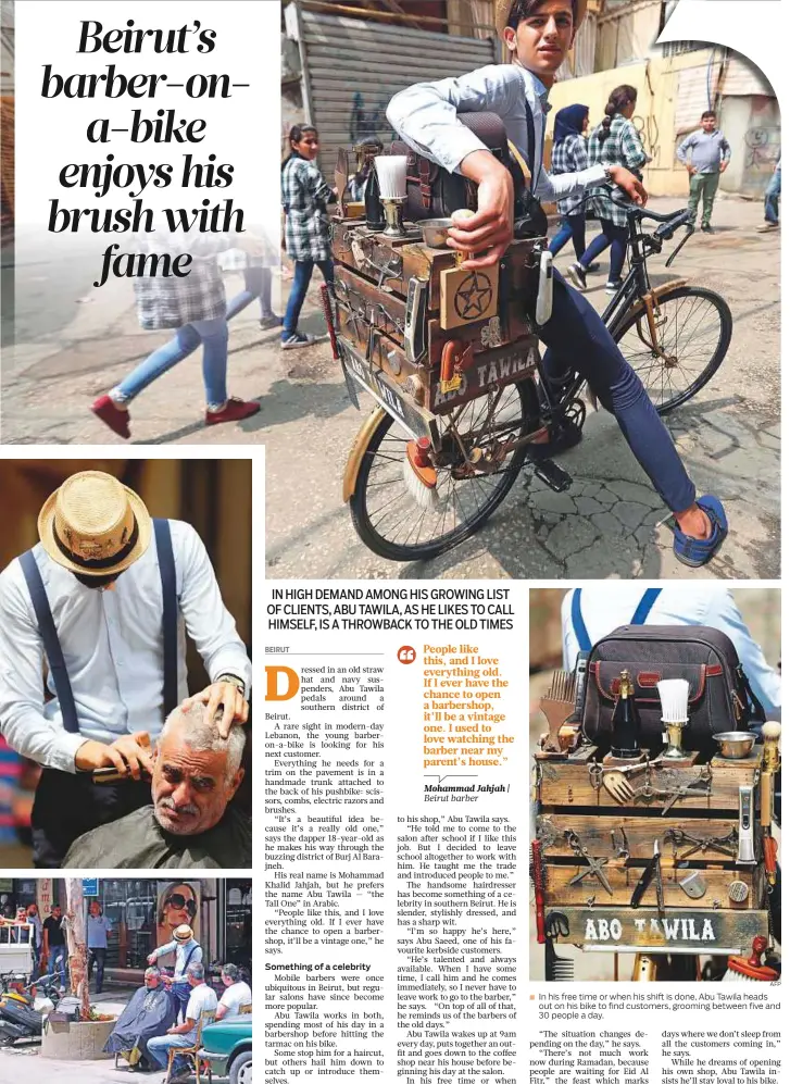  ?? AFP AFP ?? Mohammad Khalid Jahjah, a Lebanese roaming barber better known as ‘Abu Tawila’, gives clients a haircut on a sidewalk in Beirut’s southern suburbs. In his free time or when his shift is done, Abu Tawila heads out on his bike to find customers, grooming...