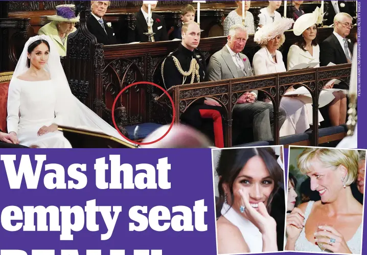  ??  ?? Echoes of a princess: The empty seat, circled. Above, Meghan and Diana wear the ring. Below, Diana’s sisters, Lady Jane Fellowes (left) and Lady Sarah McCorquoda­le, at the wedding ceremony