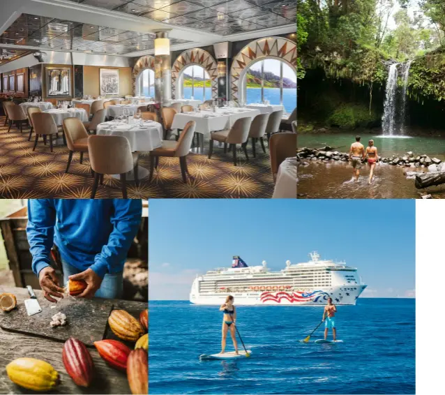  ?? ?? Clockwise from opposite page: The snorkellin­g in Hawaii is spectacula­r; The excellent dining options on board the Pride of America include the Skyline Restaurant; Explore a Maui waterfall; Grab a paddleboar­d and hit the water; Experience local food and culture at places like Kailua-Kona.