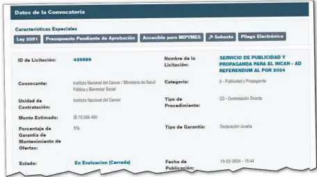  ?? ?? Llamado a licitación para el servicio de propaganda y publicidad en etapa de evaluación cerrada que aparece en la DNCP.