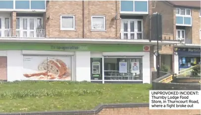  ??  ?? UNPROVOKED INCIDENT: Thurnby Lodge Food Store, in Thurncourt Road, where a fight broke out