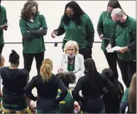  ?? Kin Man Hui / San Antonio Express ?? Baylor coach Kim Mulkey talks to her team during a timeout during Monday’s NCAA regional final against UConn in San Antonio.