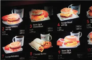  ?? —AP ?? NEW YORK: In this file photo, items on the breakfast menu, including the calories, are posted at a McDonald’s restaurant in New York.