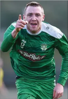  ??  ?? Mick Corrigan of Boyle Celtic celebrates after scoring a goal against Carrick United FC.