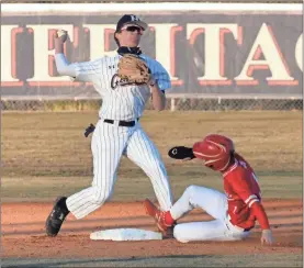  ?? Michelle Petteys, Heritage Snapshots ?? Heritage’s Noah Johnson makes the turn at second base looking to complete a double play after LFO’s Tanner Mantooth is forced out at the bag.