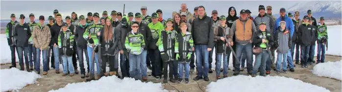  ??  ?? The participan­ts of the Blue vs Green shoot hosted by the Skyline X youth shotgun shooting team stand for a photo following their competitio­n, Saturday, January 19, 2019. The event hosted 37 athletes, 27 police officers and first responders, and Veterans.