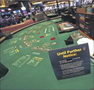  ?? THE ASSOCIATED PRESS ?? Hand sanitizer and a card explaining there will be no smoking or eating at live gaming tables at the Rivers Casino in Pittsburgh. The Pennsylvan­ia Gaming Control Board reported a profitable August for the state’s 12 casinos.