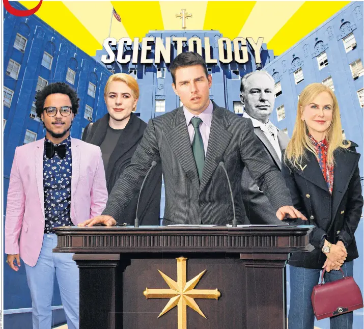  ??  ?? Dispute: Jamie Dewolf, left, says family break-ups are part of the religion’s life. Above, Tom Cruise has reportedly banned Nicole Kidman, right, from attending the wedding of their son Connor, left. Their daughter, Isabella, second left, is also involved in Scientolog­y, which was founded by L Ron Hubbard, second right