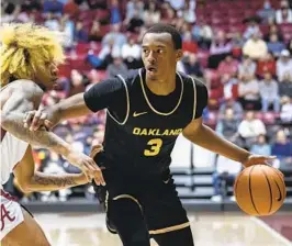  ?? VASHA HUNT AP ?? Incoming Aztec Micah Parrish could be shooter SDSU has been looking for after making 46 percent of his 3-pointers in conference games last season at Oakland.