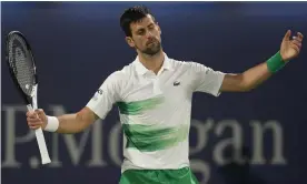  ?? Free Tennis Championsh­ip. Photograph: Kamran Jebreili/AP ?? Novak Djokovic lost to Czech Republic's Jiri Vesely in the quarter-final of the Dubai Duty
