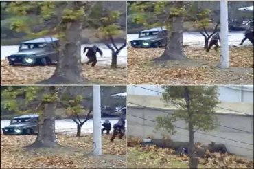  ?? AP ?? Photos released by the United Nations Command yesterday shows a North Korean soldier running from a jeep and then shot by North Korean soldiers in Panmunjom, before collapsing across the border in South Korea.