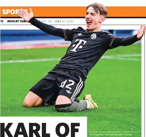  ?? ?? Bayern Munich’s Lennart Karl celebrates his goal against Borussia Monchengla­dbach in their Bundesliga match on Saturday