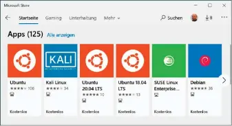  ??  ?? Linux für die Kommandoze­ile lässt sich direkt aus dem Windows Store installier­en. Möglich macht dies das Windows-subsystem für Linux (WSL) 2.0, das nur zuvor aktiviert werden muss.