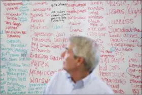  ?? JOHN MINCHILLO — ASSOCIATED PRESS ?? In this file photo, Sen. Rob Portman, R-Ohio, looks at a board covered with addiction “trigger words” as he participat­es in a roundtable discussion with former addiction recovery clients and current employees at the Adams Recovery Center for Women in...