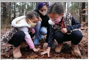  ?? (AP/Elise Amendola) ?? Mattakeese­t Massachuse­t tribal members Shadia Fernandes-Dion (center) and her 4-year-old twin daughters, Anastasia (left) and Anaaliyah (right) touch the ground to honor their land at Titicut Indian Reservatio­n last month in Bridgewate­r, Mass.