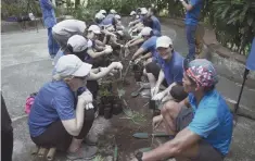  ??  ?? COLUMBIA Sportswear employees from Latin America and the Asia-Pacific region prepare the soil and get planting as part of their CSR activity at the La Mesa Ecopark.