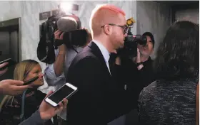  ?? Alex Brandon / Associated Press ?? Christophe­r Wylie, the Cambridge Analytica whistle-blower, leaves a meeting with House Democrats on Capitol Hill. The company is denying many claims.