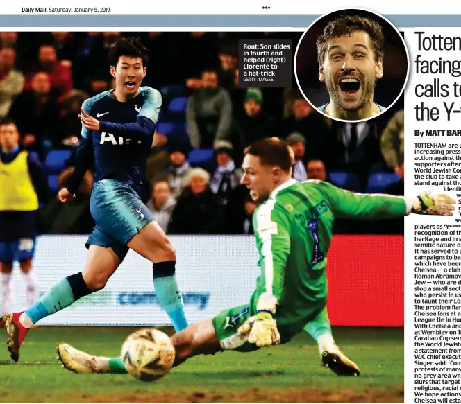  ?? GETTY IMAGES ?? Rout: Son slides in fourth and helped (right) Llorente to a hat-trick