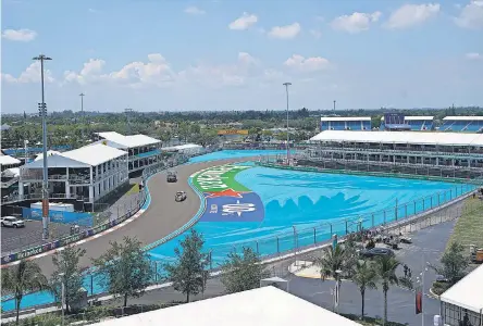  ?? DARRON CUMMINGS/ AP ?? Workers make their way around Miami Internatio­nal Autodrome on Thursday in preparatio­n for the F1 Miami Grand Prix race Sunday.