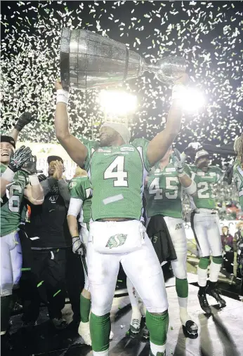  ?? TROY FLEECE ?? Sports can be an escape from the often-unpleasant realities of life, as was the case in 2013 when Darian Durant and the Saskatchew­an Roughrider­s won the Grey Cup at Taylor Field.