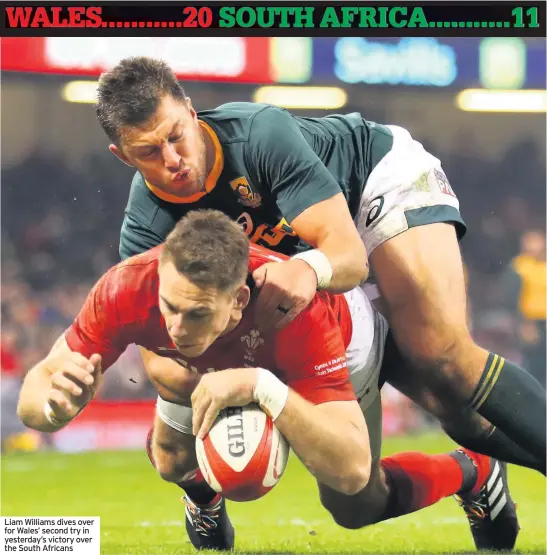  ??  ?? Liam Williams dives over for Wales’ second try in yesterday’s victory over the South Africans
