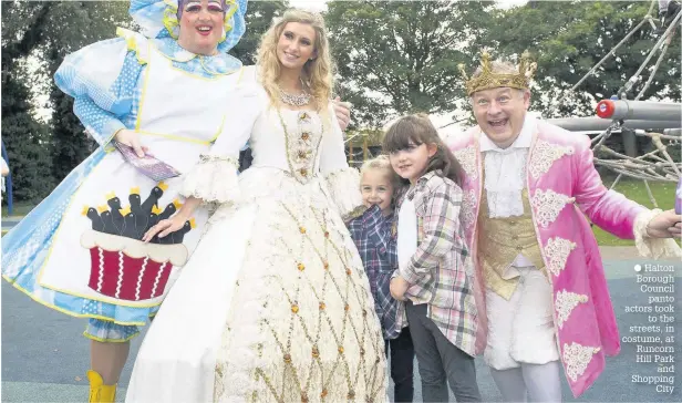  ??  ?? Halton Borough Council panto actors took to the streets, in costume, at Runcorn Hill Park and Shopping City