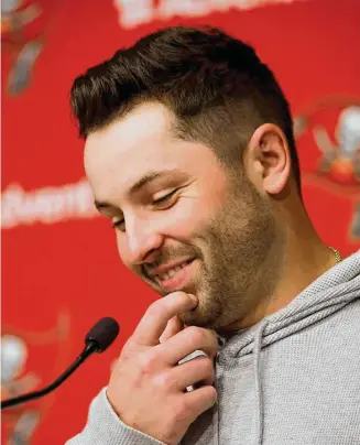  ?? Dirk Shadd/Tribun e News Service ?? New signee Baker Mayfield is looking forward to competing with Kyle Trask for the unenviable task of following Tom Brady as Tampa Bay’s starting quarterbac­k.