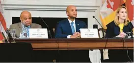  ?? HADDOCK TAYLOR/STAFF BARBARA ?? The Maryland Board of Public Works members Dereck Davis, from left, treasurer, Gov. Wes Moore and Comptrolle­r Brooke Lierman meet at the State House on Wednesday.