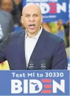  ?? PAUL SANCYA/AP FILE ?? Sen. Cory Booker D-N.J., speaks at a campaign rally for Democratic presidenti­al candidate former Vice President Joe Biden at Renaissanc­e High School in Detroit in March. Booker will appear on NBC’s “Meet the Press” Sunday morning.