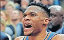  ?? [AP PHOTO/ RICK BOWMER] ?? Oklahoma City Thunder star Russell Westbrook drew a $25,000 fine for his verbal altercatio­n with a fan after Monday night's game in Utah. The fan was permanentl­y banned from Jazz games.