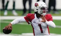  ?? AP Photo/Frank Franklin II ?? ■ Arizona Cardinals quarterbac­k Kyler Murray looks to pass during the first half Sunday against the New York Jets in East Rutherford, NJ.