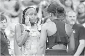  ?? EMILEE CHINN/GETTY ?? Delray Beach’s Coco Gauff, 15, gets emotional after her 6-3, 6-0 loss to Boca Raton’s Naomi Osaka in the third round of the U.S. Open on Saturday in New York.