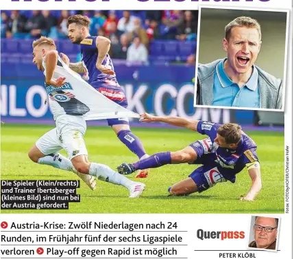  ??  ?? Die Spieler ( Klein/ rechts) und Trainer Ibertsberg­er ( kleines Bild) sind nun bei der Austria gefordert.