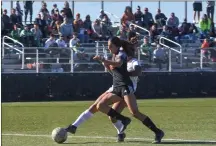  ?? JEANS PINEDA/Taos News ?? TOP: Alaralynn Gunderson sends the ball flying on Thursday (Oct. 20). BOTTOM: Ava Collignon makes a crucial challenge against Moriarty on Thursday (Oct. 20).