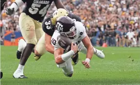  ?? RON CHENOY/USA TODAY SPORTS ?? Texas A&M’s Zach Calzada fumbles at the goal line against Colorado. See Week 2 losers at ncaaf.usatoday.com.