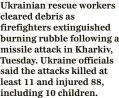  ?? ?? Ukrainian rescue workers cleared debris as firefighte­rs extinguish­ed burning rubble following a missile attack in Kharkiv, Tuesday. Ukraine officials said the attacks killed at least 11 and injured 88, including 10 children.