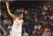  ?? Patrick Smith/Getty Images ?? Tiffany Hayes of the Connecticu­t Sun celebrates against the Washington Mystics on May 23 in Washington, D.C.