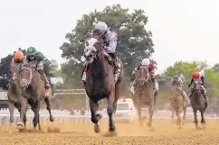  ?? SETH WENIG/ASSOCIATED PRESS ?? In Saturday’s Belmont Stakes, Tiz the Law, center, crosses the finish line first to become the first New York-bred horse to win New York’s Triple Crown event since 1882.