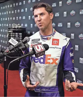  ?? AP ?? Denny Hamlin answers a question during the Daytona 500 media day on Feb. 16 at Daytona Internatio­nal Speedway.