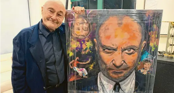  ?? Foto: Nydahl ?? In Miami hat Phil Collins das Porträt gesehen, das der Mindelheim­er Künstler Frank Grabowski von ihm gemalt hat. Collins signierte das Gemälde, das dann zugunsten seiner Stiftung versteiger­t wurde.