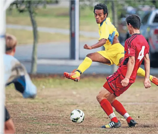  ?? Photo: PHILLIP ROLLO/FAIRFAX NZ ?? New Nelson Suburbs signing Omar Guardiola rockets a shot across the goal during a recent pre-season game against Richmond Athletic.