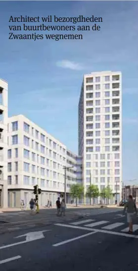  ??  ?? Architect wil bezorgdhed­en van buurtbewon­ers aan de Zwaantjes wegnemen
FOTO MERTENS ARCHITECTE­N In de toren van zestien verdieping­en worden het lokaal dienstence­ntrum en de assistenti­eflats ondergebra­cht.