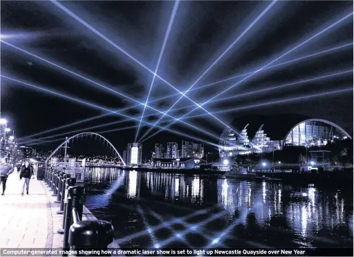  ??  ?? Computer-generated images showing how a dramatic laser show is set to light up Newcastle Quayside over New Year