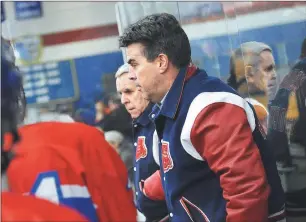  ?? File photo by Ernest A. Brown ?? Mount St. Charles hockey coach Bill Belisle (left) and Dave Belisle (right) will coach the school’s Interschol­astic League squad next season before taking on new roles in the program.