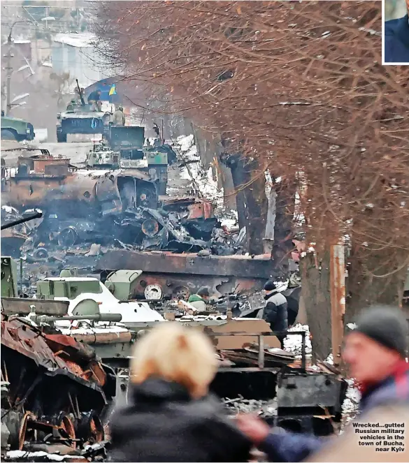  ?? Picture: SERHII NUZHNENKO/REUTERS ?? Wrecked...gutted Russian military vehicles in the town of Bucha, near Kyiv