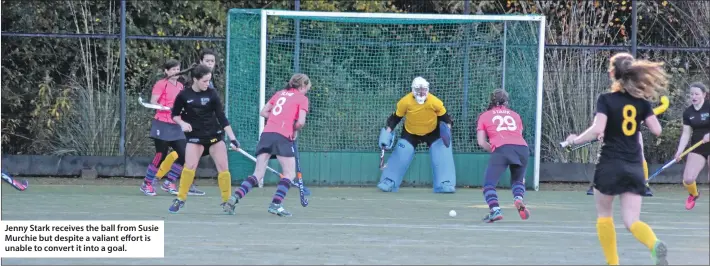  ??  ?? Jenny Stark receives the ball from Susie Murchie but despite a valiant effort is unable to convert it into a goal.